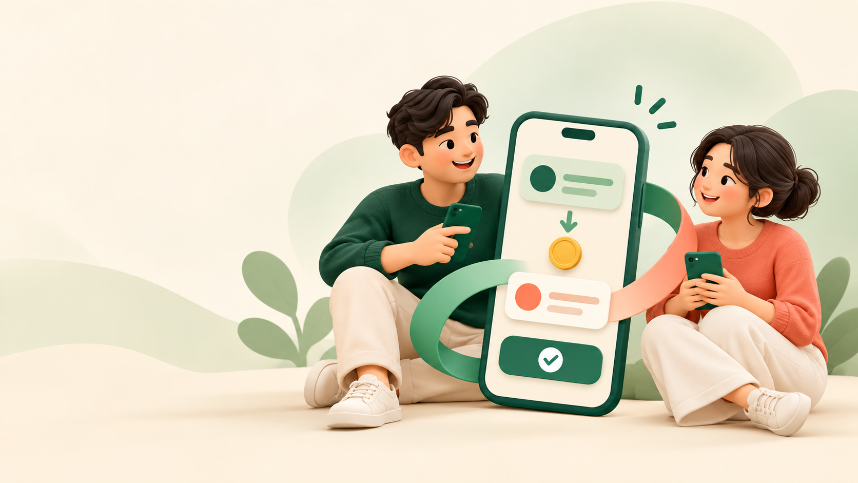 Duas pessoas usam o Tsunagari no celular para acompanhar um acordo.